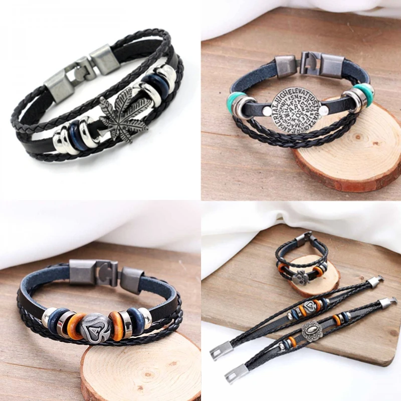 Винтажный Мужской кожаный браслет череп Звездный глаз многослойный с подвеской