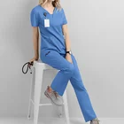 Женский медицинский скраб, набор медицинских костюмов, клиническая Униформа с V-образным вырезом, топ с коротким рукавом и брюки, рабочая одежда для лаборатории