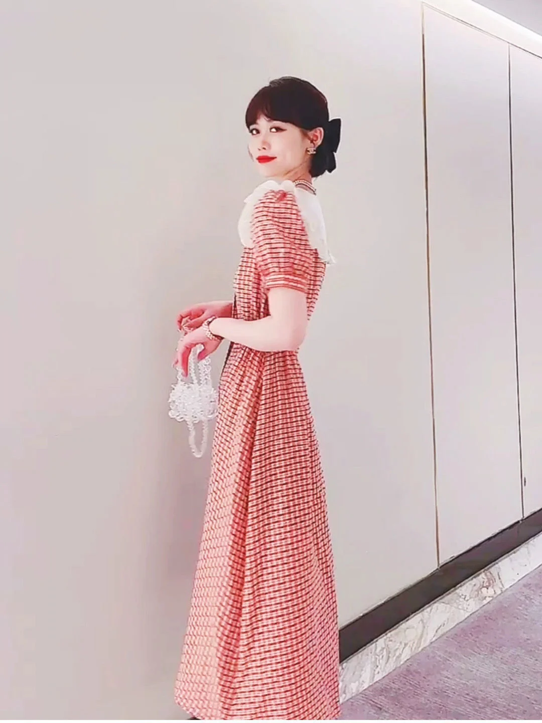 

2021 Summer New Baby Collar Plaid Mid Long Skirt Elastic Waist Thin Short Sleeve Single Breasted Fashion Dress