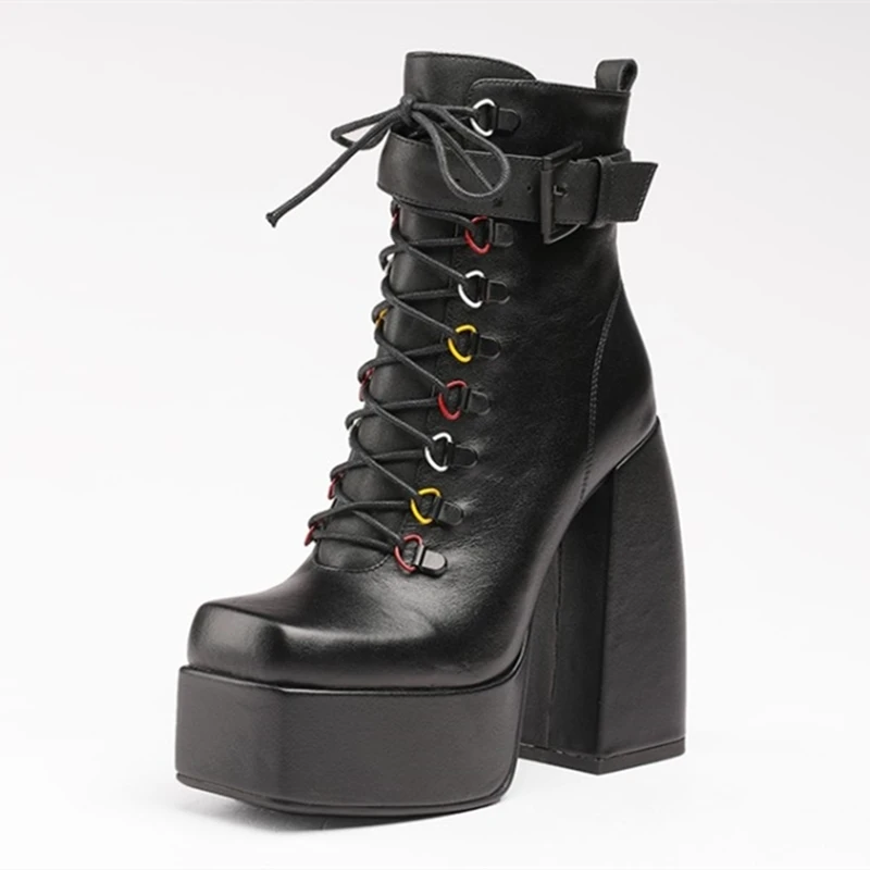 

Genuine Leather Foreign Trade Boots High Chunky Heel Lady's Wearing Sexy Booty Women High Top Lace Square Toe Platform Boots