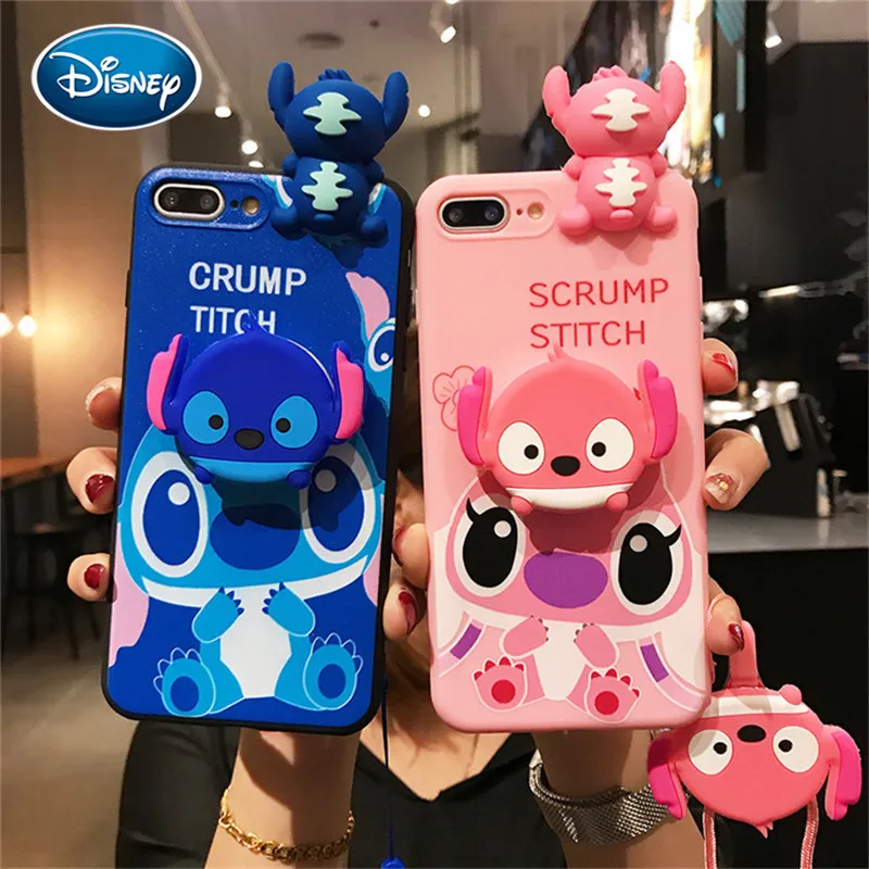 

DISNEY 3D Stitch Mobile Phone Case with Strap Holder for iPhone 13 12 11 Pro Max XR XS X 7 8 Plus Soft Silicone Cases Back Cover