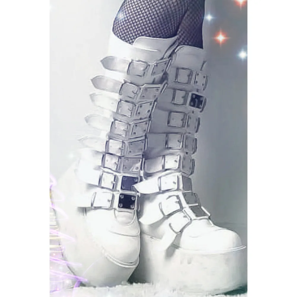 

Women Platfrom Wedges Metal Design Buckle Zipper Brand New Goth Boots White Sweet Cute Fashion Hot Sale Shoes Woman 2021 Sale