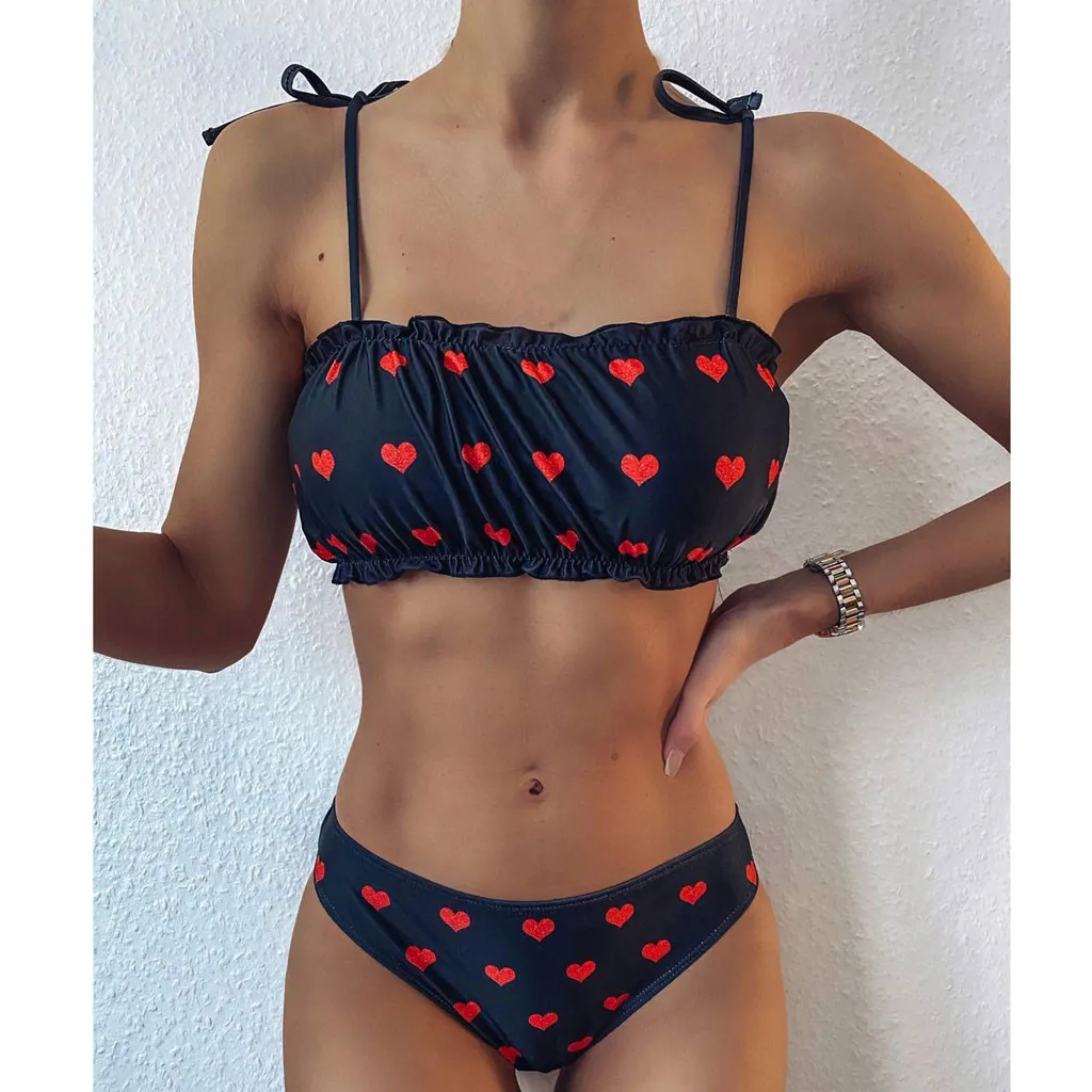 

Bandeau Bikini Set Women Heart Print Swimwear Sexy Swimming Suit Summer Push Up Pad Bikini 2020 Mujer Sexy Swimsuit Beach Wear