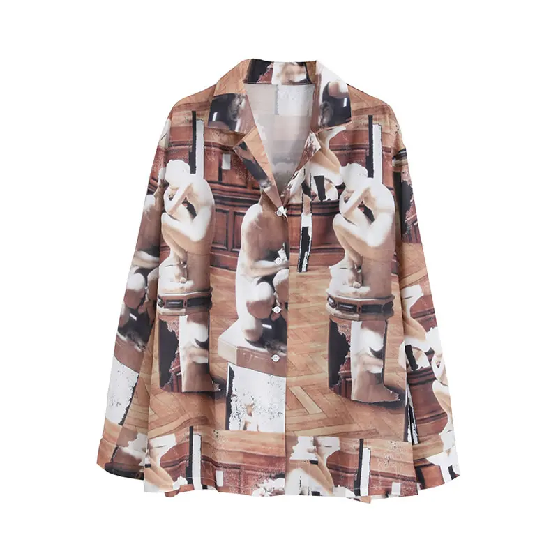 

XITAO Vintage Print Casual Shirt Women Trendy Fashion New Style Notched Collar Long Sleeve Loose Match All Minority Top ZY5276