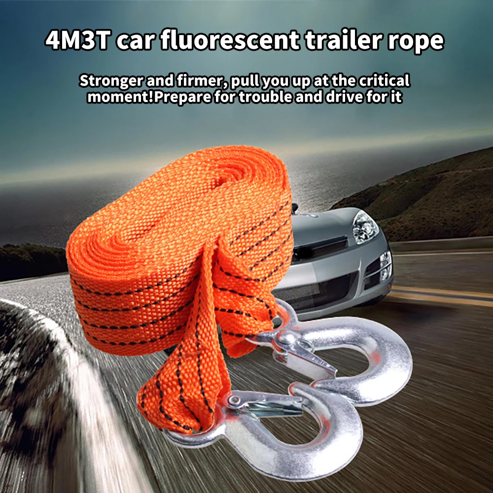 

Orange 4m 3T Car Nylon Tow Strap Heavy-Duty Tow Rope Wear Resistant Durable With Steel Hooks For Truck Car Up To 3 Tonnes