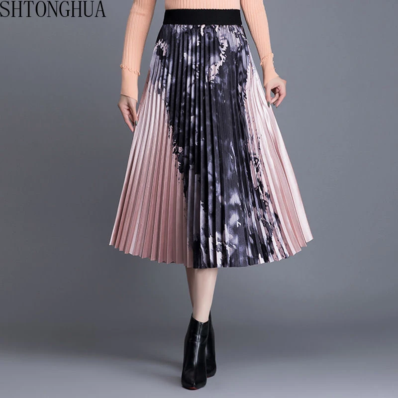 Женская плиссированная юбка средней длины розовая трапециевидная с чернильным