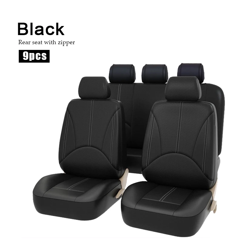 

9PCS Universial 5 Seat Car Seat Cover Protector Auto PU Leather Front Rear Full Set Waterproof With Zipper Automobile