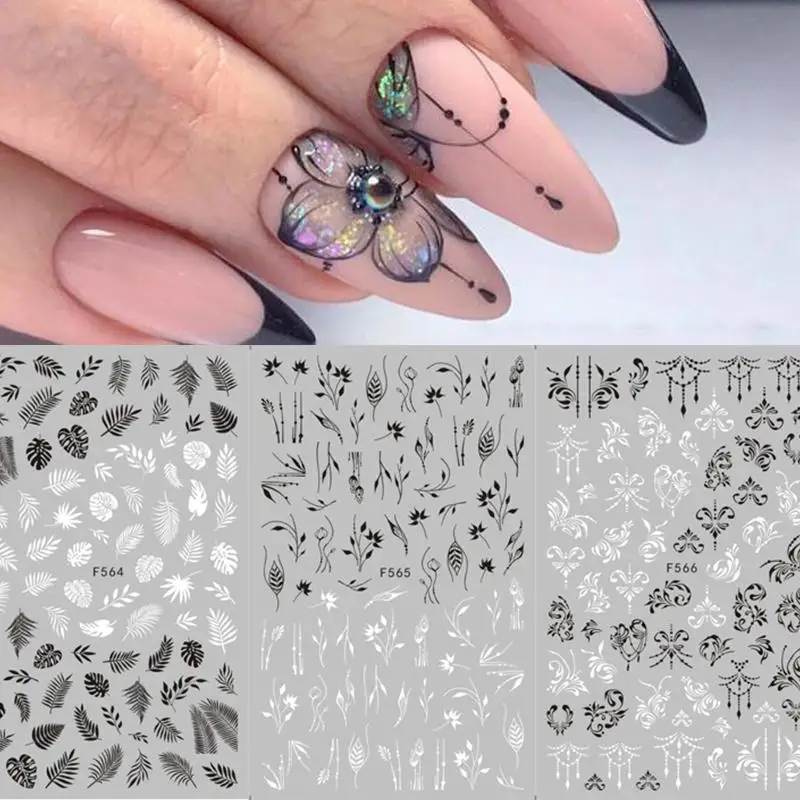1 лист черно-белый стикеры 3D на ногти Nail Art Стикер цветок дерево зелёный простой