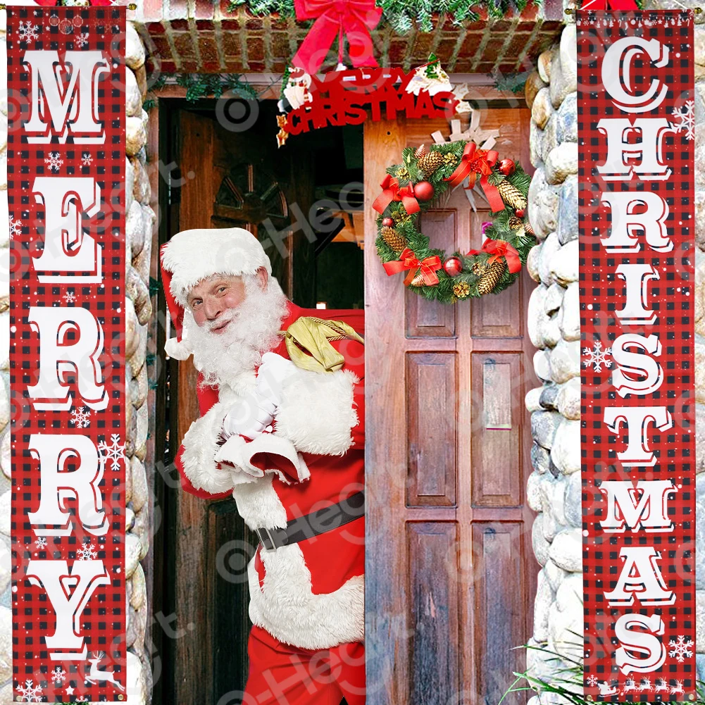 Счастливого Рождества Дверной баннер красный и черный плед крыльцо знак новый