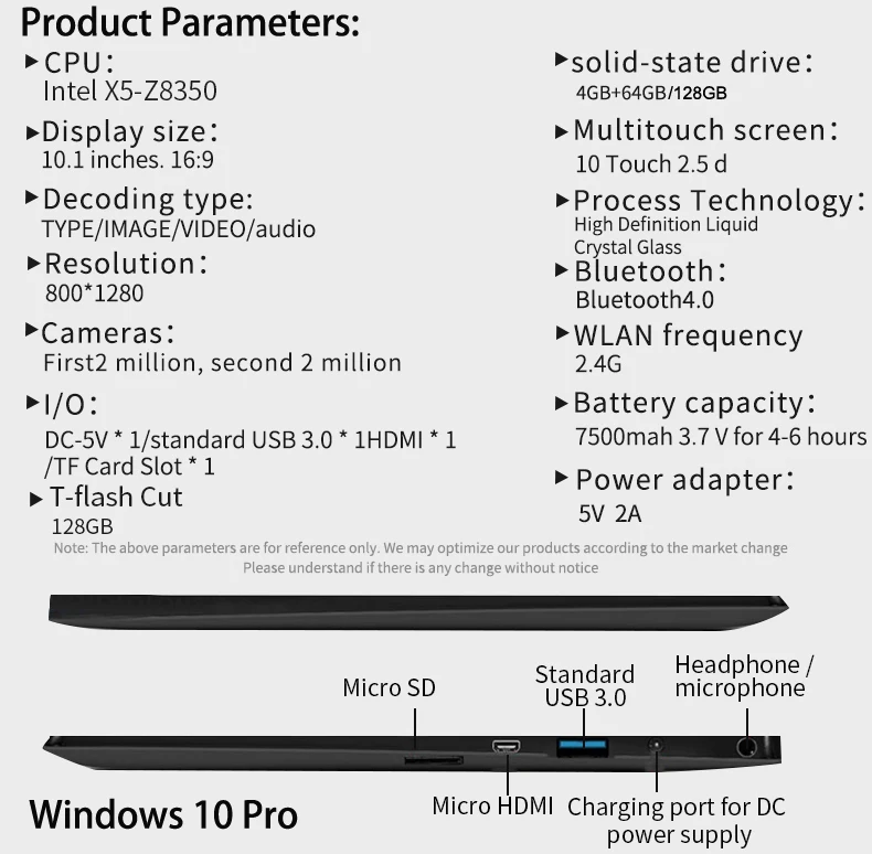 Оригинальный планшет Windows 10 с клавиатурой дюймов Intel Z8350 4 Гб ОЗУ 128 ПЗУ двойная