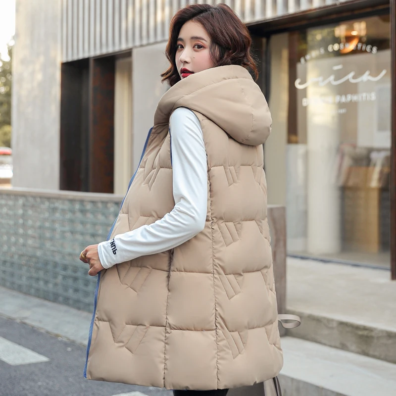 

Женский Длинный жилет с хлопковой подкладкой, зимняя утепленная куртка без рукавов с капюшоном, 2021