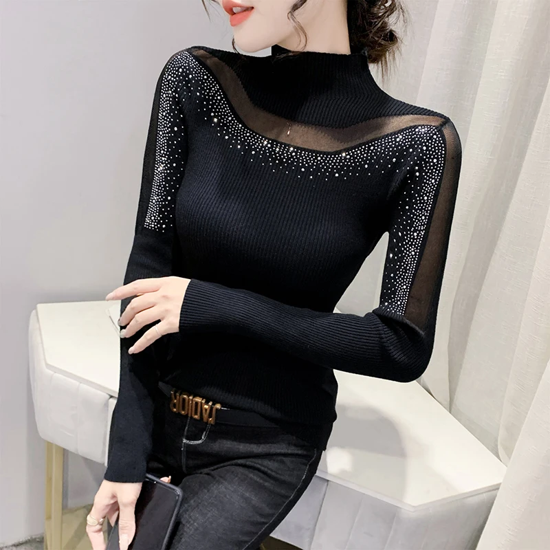 Женский трикотажный свитер с высоким воротником однотонный пуловер со стразами
