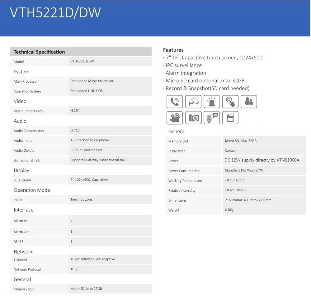 DH логотип мульти-Язык VTH5221D/DW 7 дюймов крытый монитор, встроенный камера, IP дверной звонок видео домофон, проводной дверно