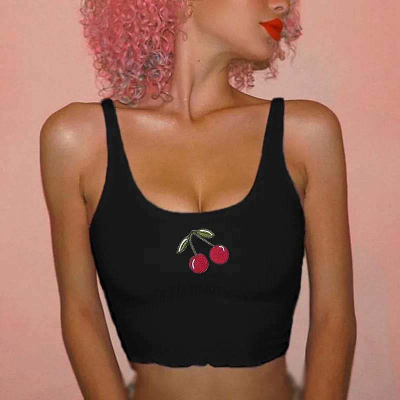 

Jlong Cotton Ribbed Cherry Embroidery Tank Top Sweet Sleeveless Top Vest Tops Clothing