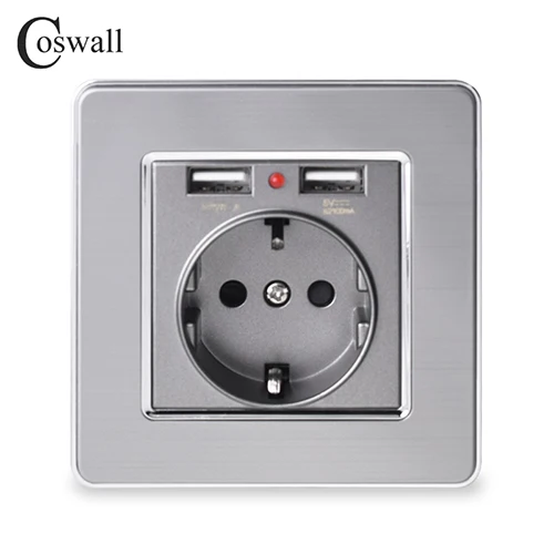 Grey Coswall, двойной usb порт для зарядки, 5 В, 2,1 А, светодиодный индикатор, 16А, настенная розетка европейского стандарта, панель из нержавеющей стали, серый, черный, белый, золотой - Тип: Grey