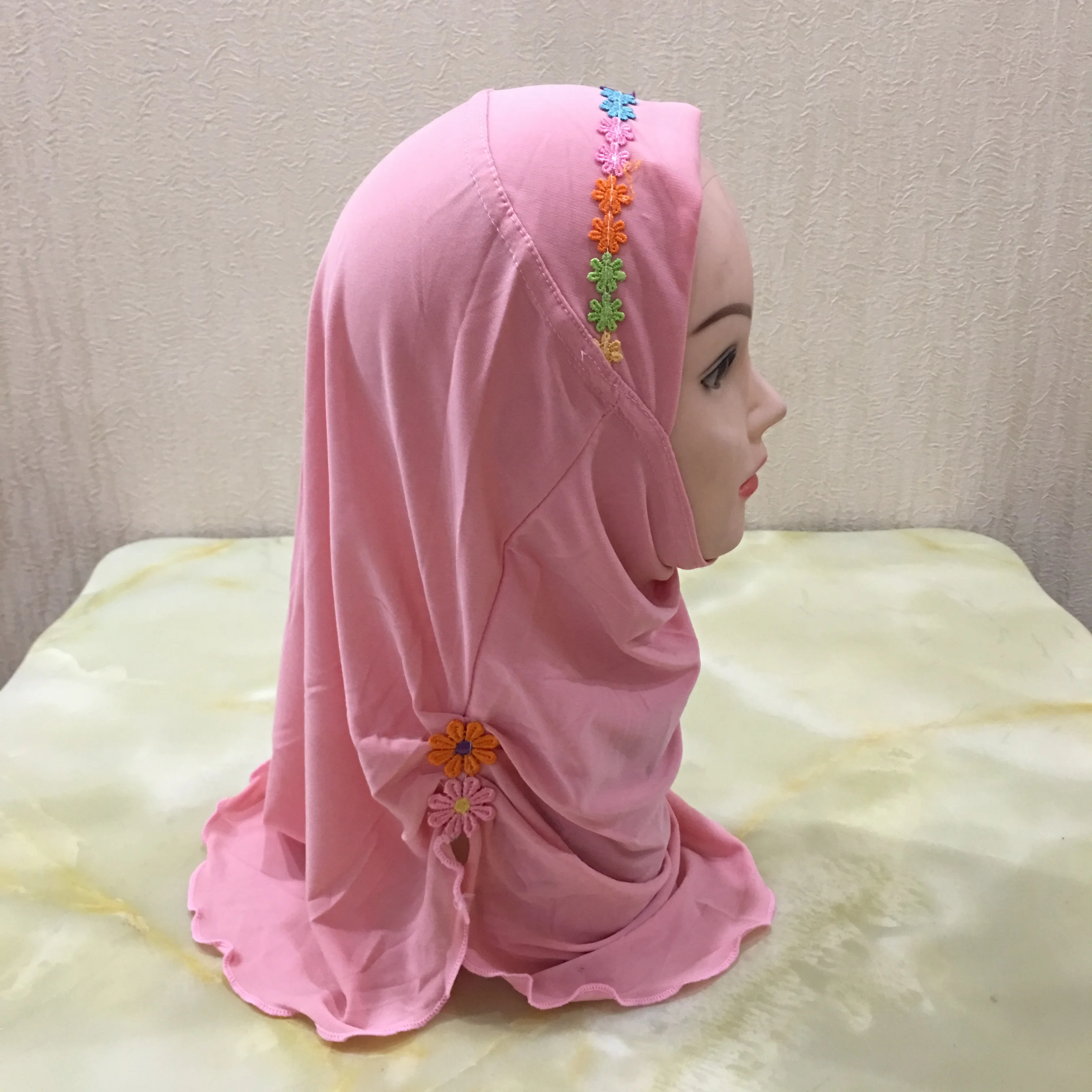 Muslim Girls Hijab Scarf Handmade Flower Applique Islamic Kids Turban Plain Headwrap Shawl Elastic Burqa for 2-7 Years Children |