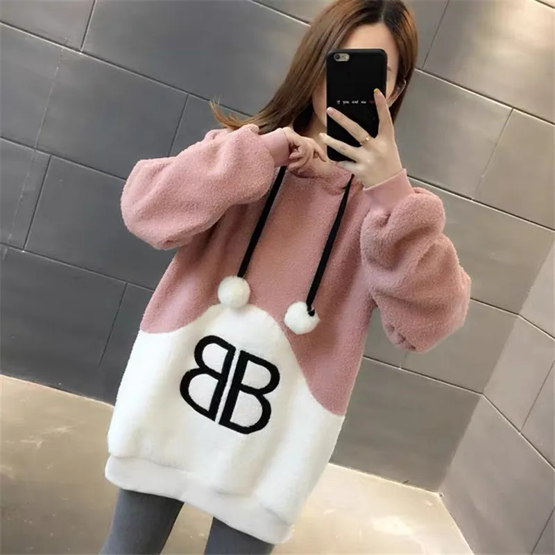 

Letter printed thicken women's medium length imitation lamb wool Hoodies Lightweight Long Sleeve Pullover Hooded Sweatshirt