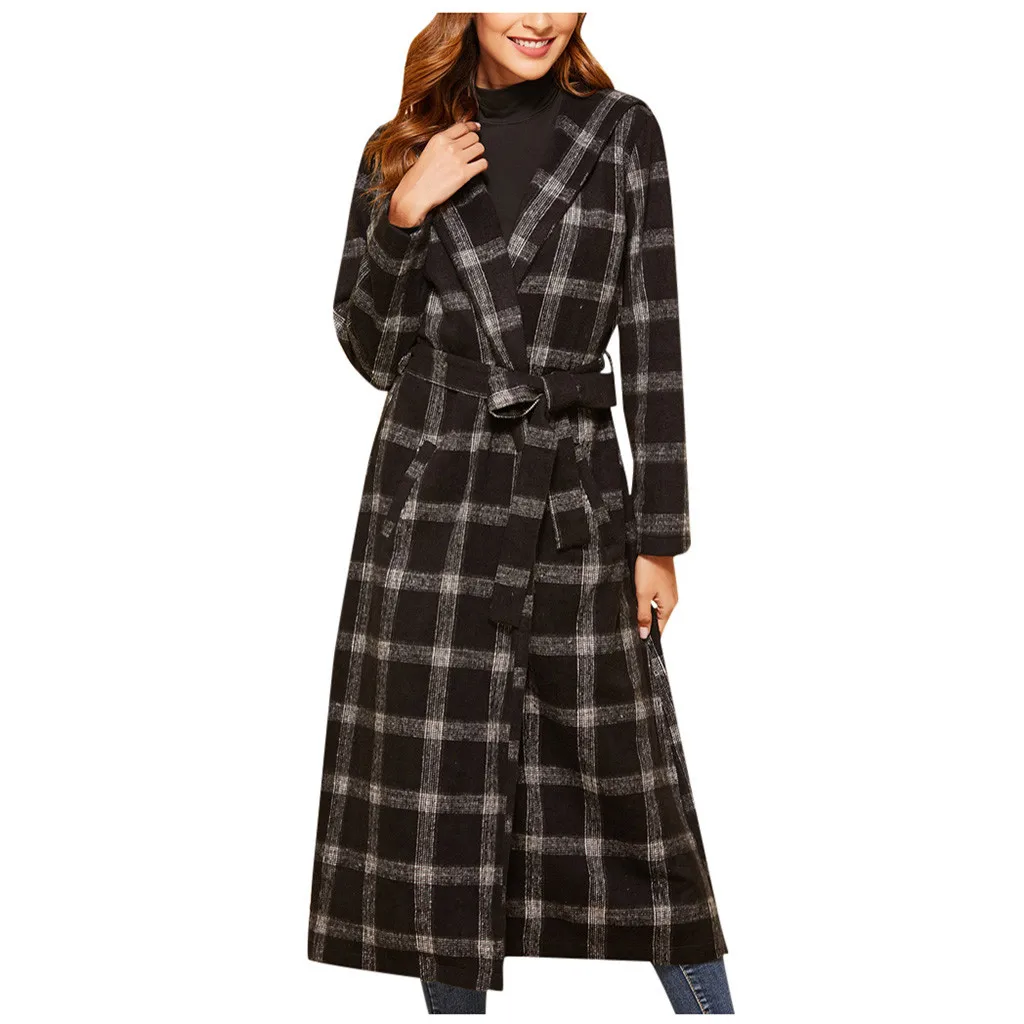 Fashion Winter Coat Women Ladies Sashes Plaid Long Cardigan Camouflage Long Sleeve Coat Outerwear Wool Coat пальто женское Z4