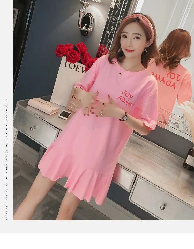 

Korean Style Summer Loose Printed Fishtail Medium Long Short Sleeve T-shirt Skirt Spring and Autumn Cotton Large Size Dress