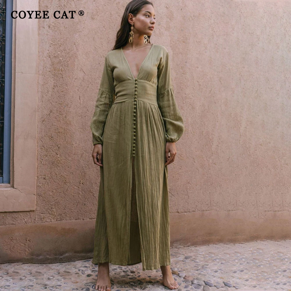 

Coyee Cat Women Autumn Loose Elegant Maxi Dress V Neck Button Long Puff Sleeve Shirring Fold Solid Color Frech Vintage One Piece