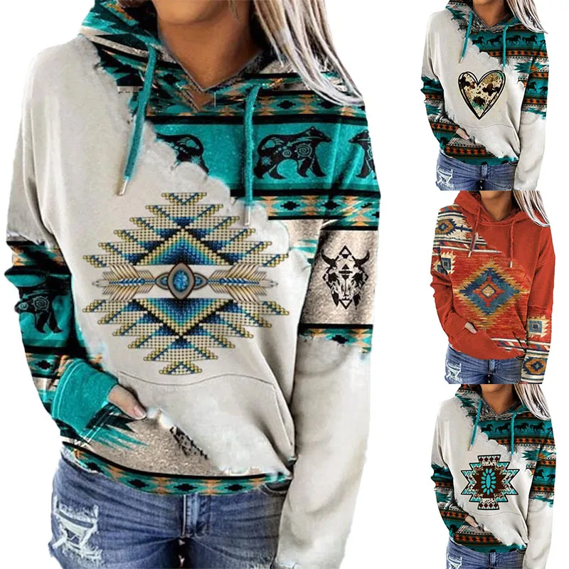 

Ethnic Printed Hoodie Sweatshirt Pullover Sweatshirt Cozy Winter Fall Tops with Pocket Long Sleeves for Teens Adults PR Sale