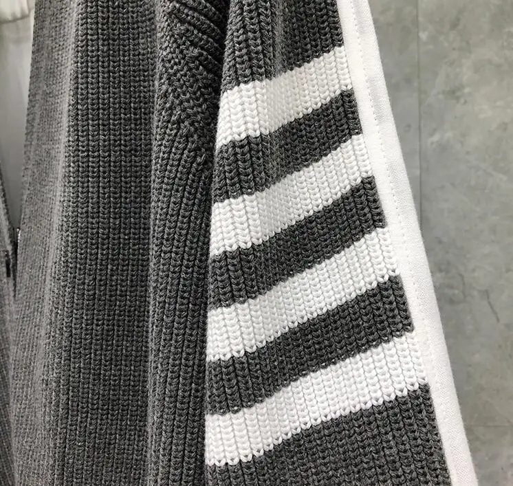 

TB THOM BULUO Brand Sweaters Men Slim Fit V-Neck Cardigans Clothing Patchwork Striped Wool Thick Casual Winter Coat