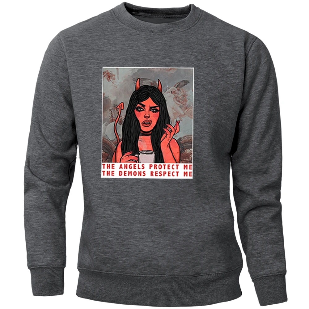 

Hoodies The Angles Protect Me The Demons Respecet Me Poster Sweatshirt Men's Crewneck Tracksuit Autumn Winter Fleece Pullovers