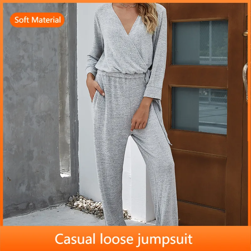 

Women's V Neck Knitted Jumpsuits with Pockets 3/4 Sleeve Front Cross ClothesvDrawstring Waist Loose Long Pants Romper for Female