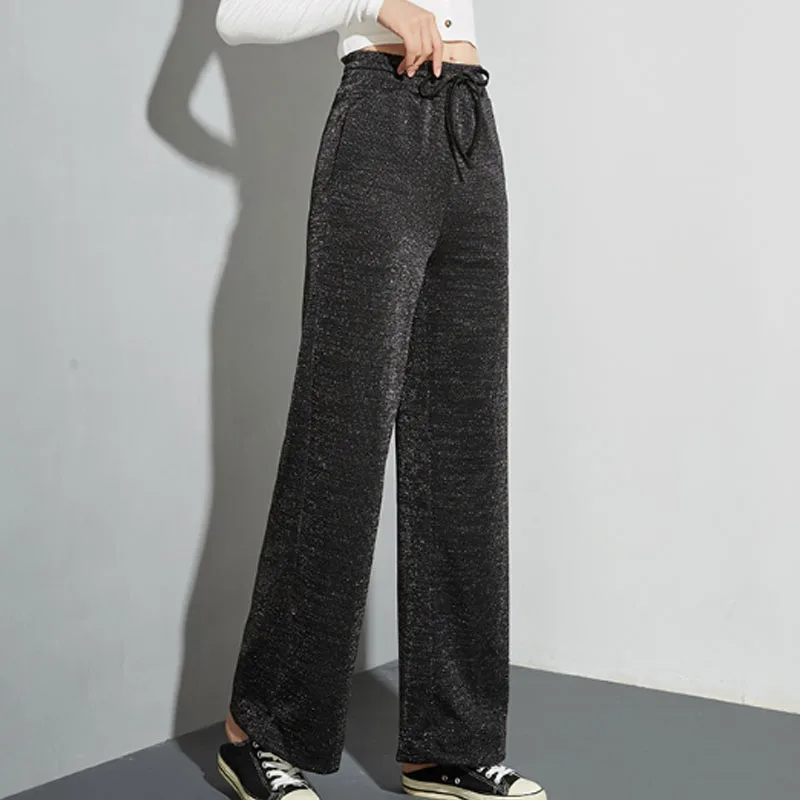 Модные блестящие широкие брюки 2020 повседневные женские на зиму и весну прямые