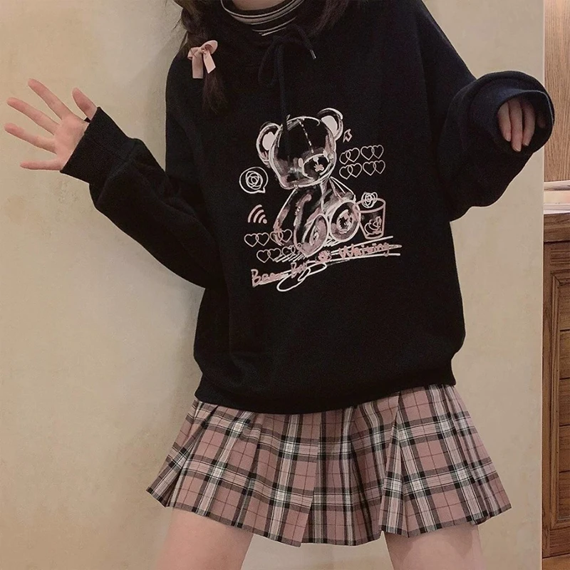 

Gothic y2k hoodie Kawaii Bear print Cartoon sweatshirts Cute Anime O-neck Oversize hoodies 2021 Harajuku Punk Women Pullover top