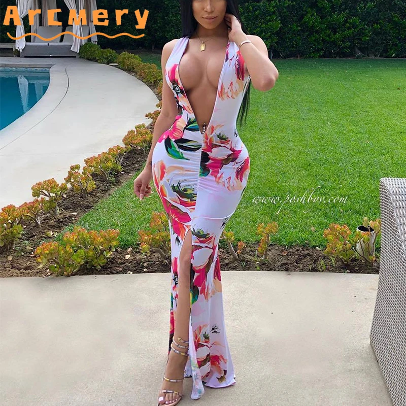 

Women Plus Size Floral Printed Plunge V-neck Sleeveless Bodycon Maxi Dress
