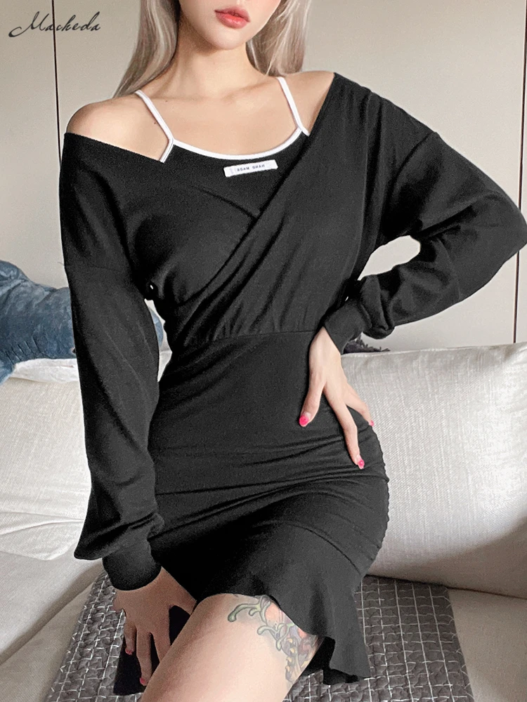 

Macheda Autumn one-shoulder long sleeve sexy off-the-shoulder dress waist stretch dress slim soft and comfortable women's dress