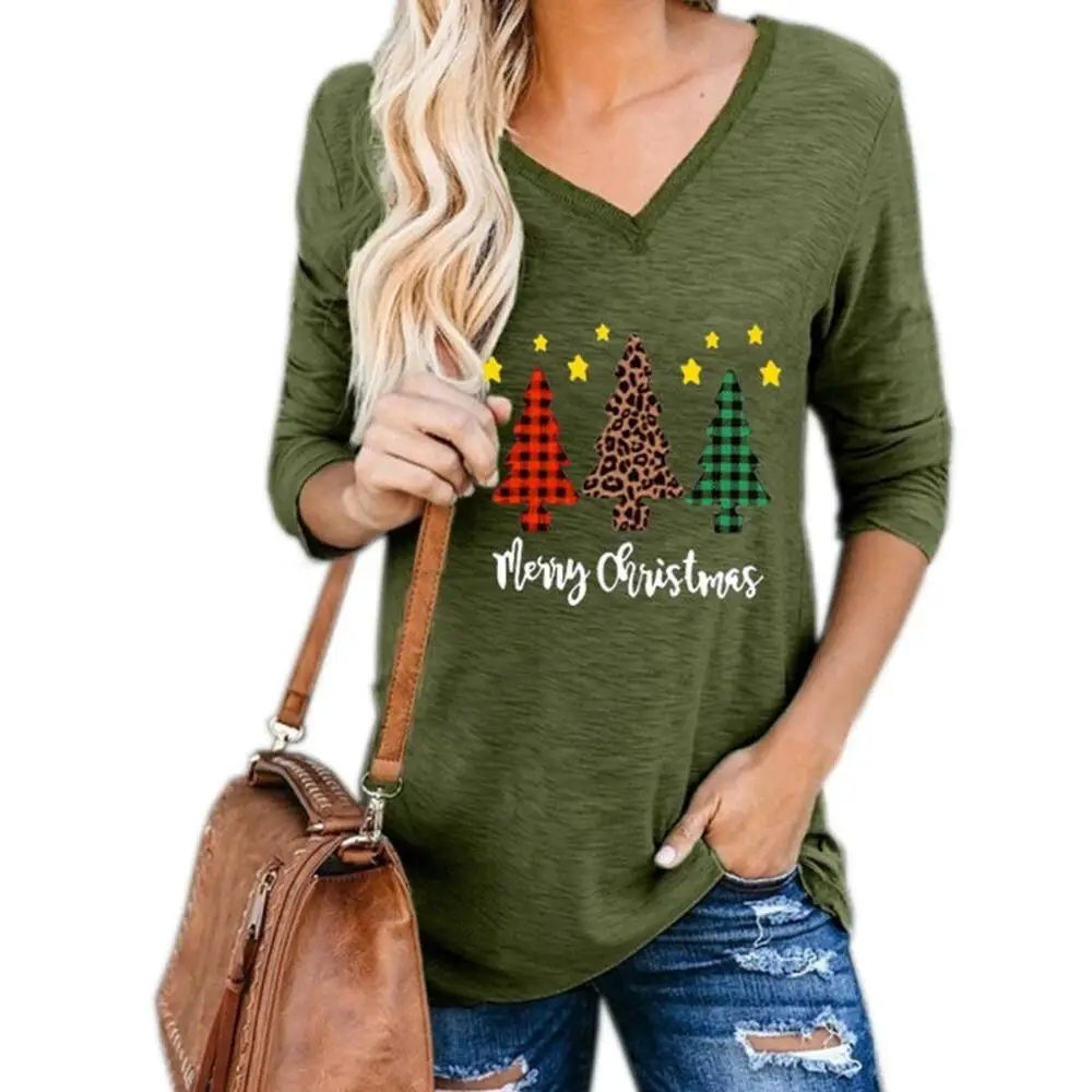 

VICABO Female Clothes Christmas Tree Printed Long Sleeve V Neck T-Shirt Autumn Casual Loose Pullover Xmas Clothes S-5XL