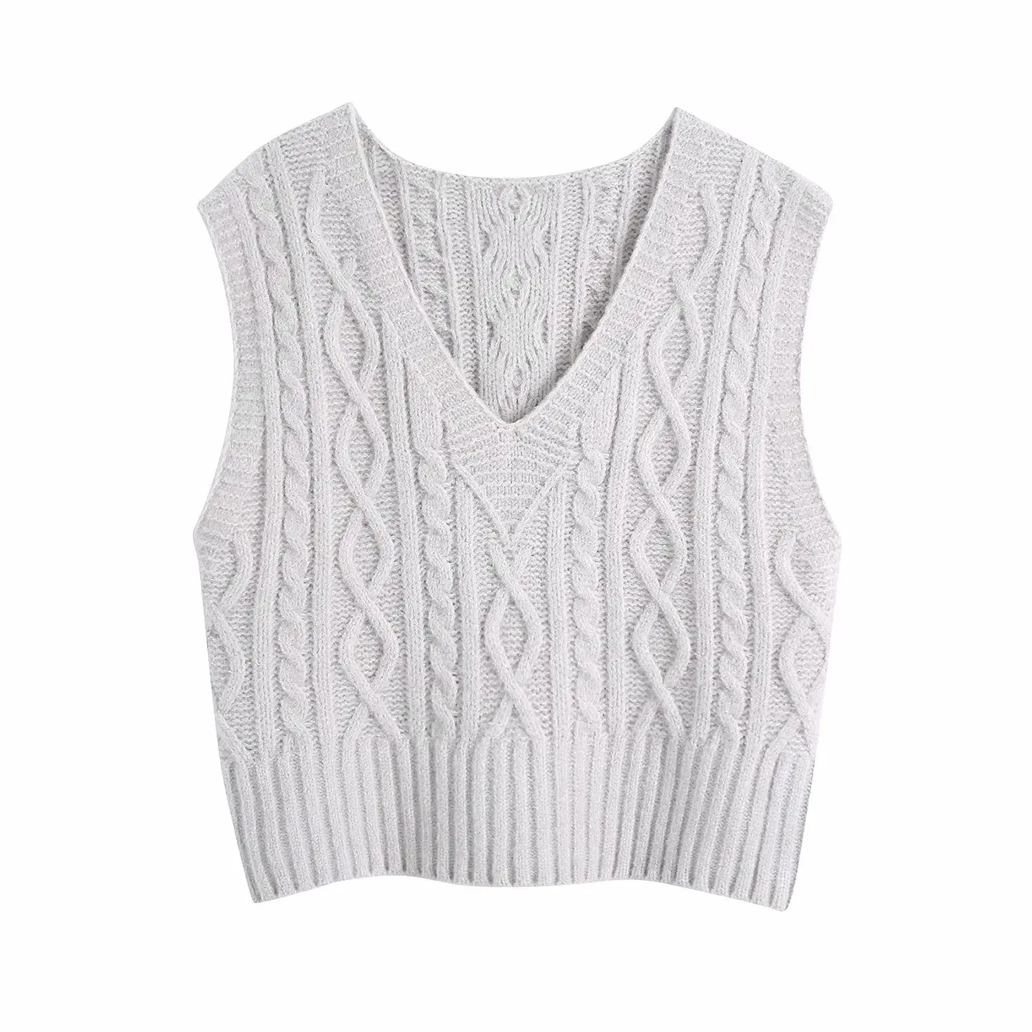 

New Pop Women Cable-Knit Sweater Vest V-Neck Chic Lady Women Sweaters Textured Casual Vogue Pullover Tops