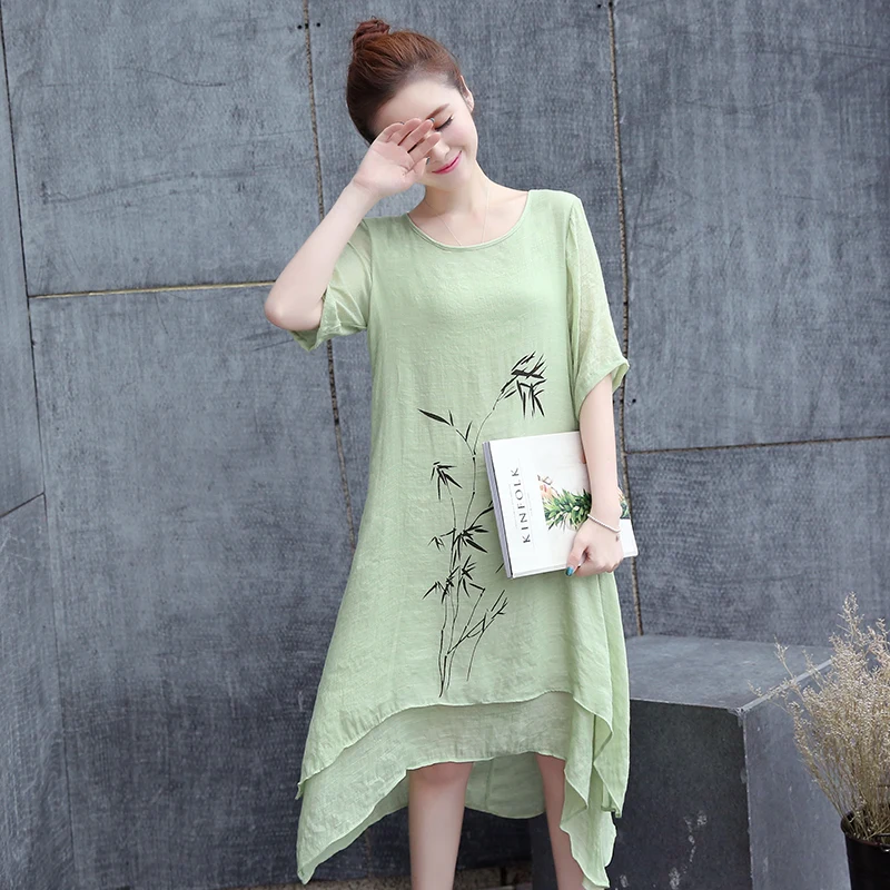 

Summer retro ethnic print dress mid summer long large fake two piece dress