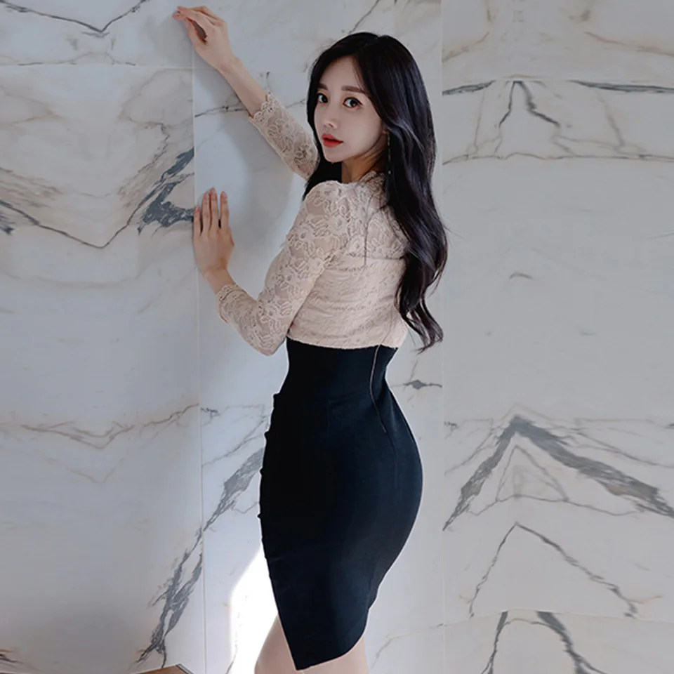 Женское офисное платье весеннее привлекательное Кружевное облегающее черное