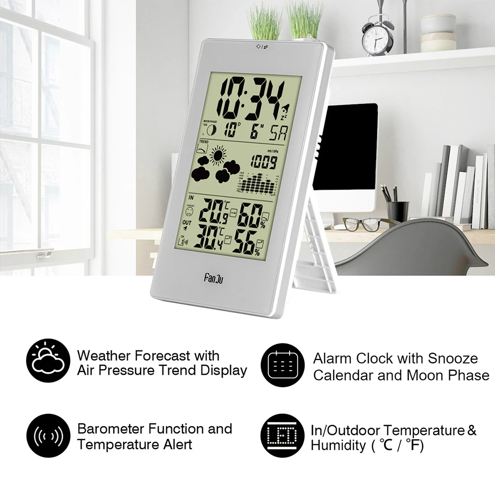 

FanJu Wireless Indoor&Outdoor Temperature&Humidity Meter Barometer Weather Forecaster Station Alarm Clock Digital Backlight LCD