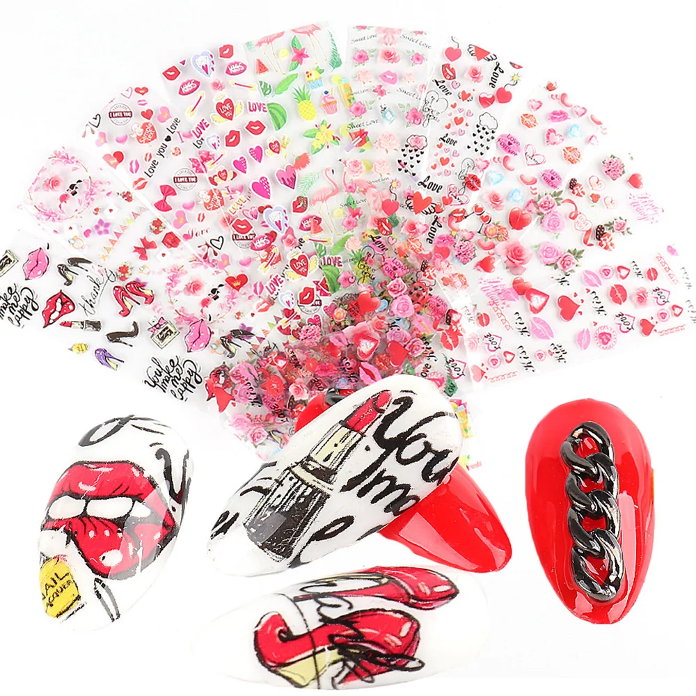 

New 10 Pcs Romantic Nail Foil Rose Flower Flamingo Sexy Lip Heart Heels Love Decal Transfer Sticker Valentine's Decoration