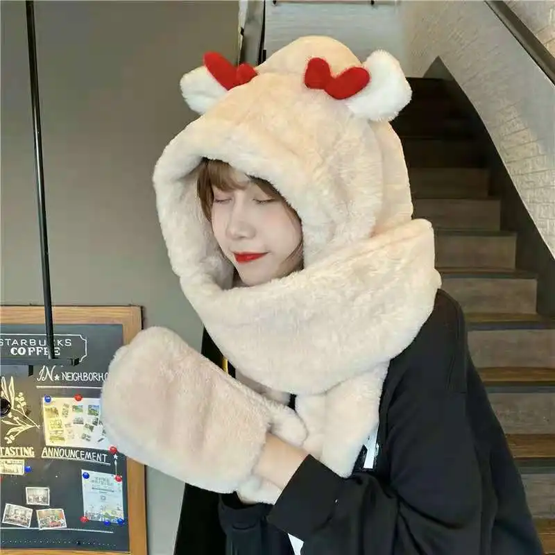 

Cute Fashion Winter Women Novelty Caps Warm Cute Bear Ear Hat Casual Plush Hat Scarf Gloves Set Casual Solid Fleece Women Caps