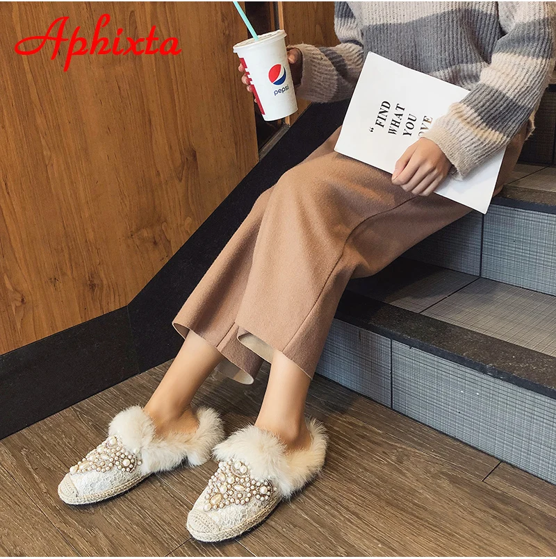 Aphixta зимние теплые тапочки с натуральным мехом; женская обувь на шнуровке с жемчугом и кристаллами; шикарная плюшевая женская обувь с натуральным кроличьим мехом