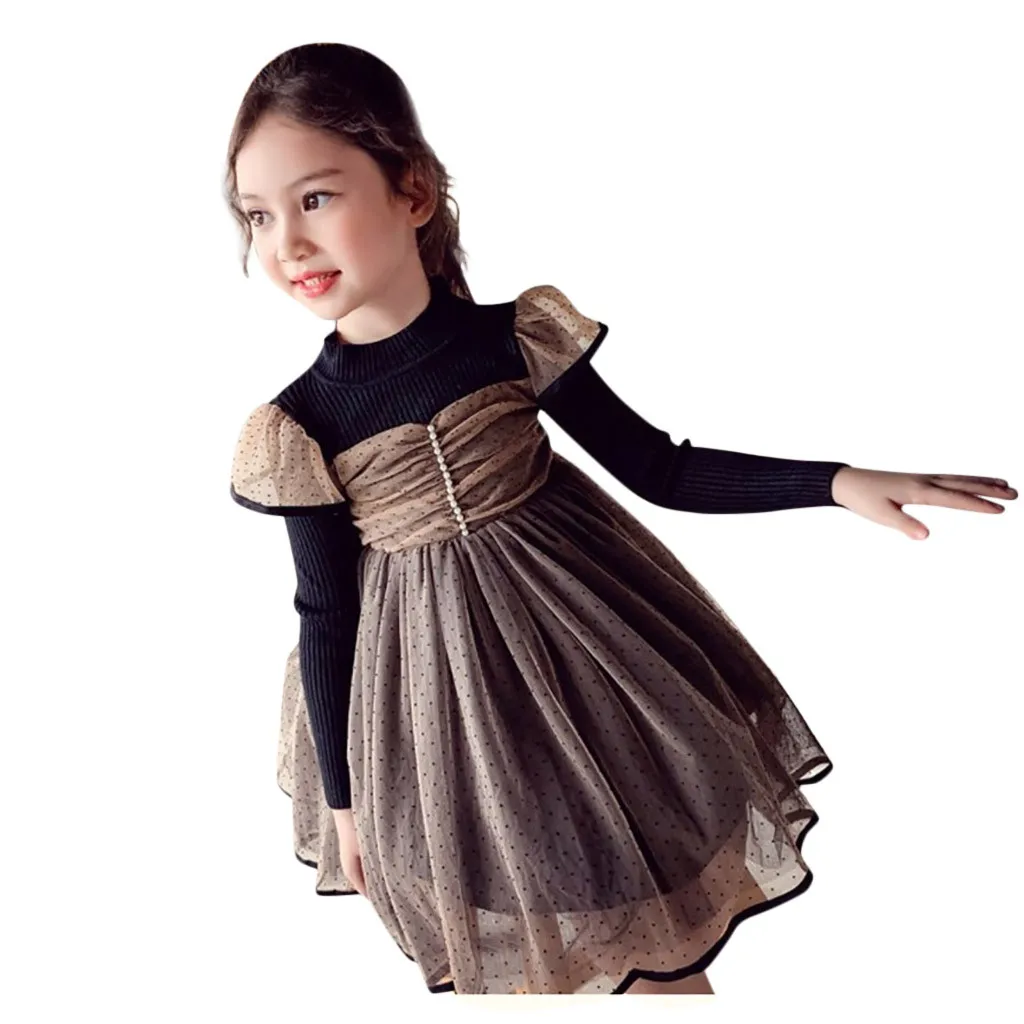 Детское платье в горошек с длинными рукавами имитация двух частей