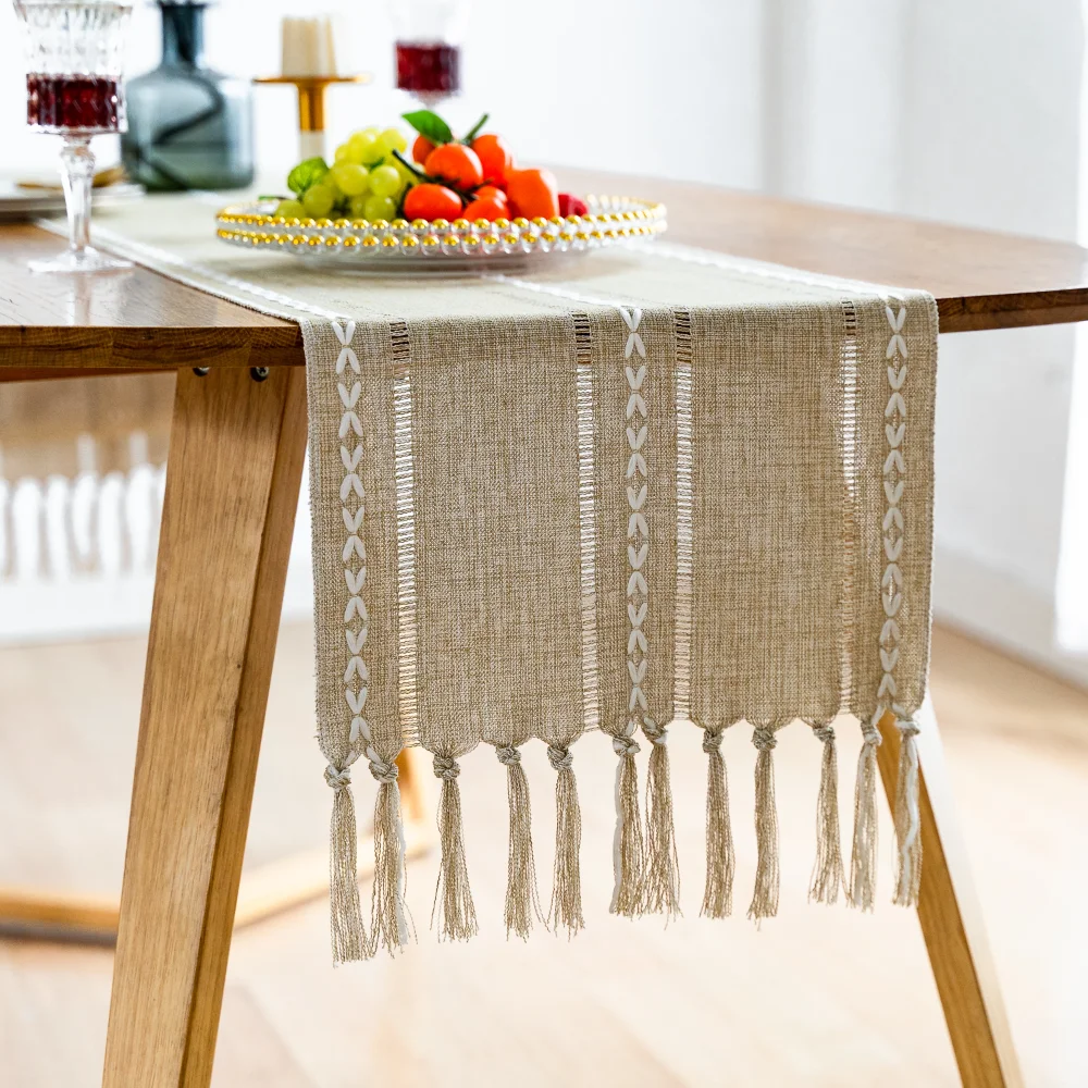 

Table Runner 33 X 180cm Linen Stripe with Tassel Retro Rustic Table Runners Jacquard Farmhouse Coffee Dinning Table Decorative