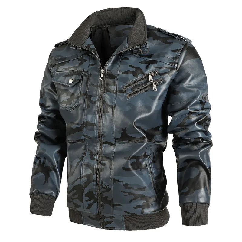 

Leisure collar straight hem winter zipper blue hoodless side seam pocket leather coat