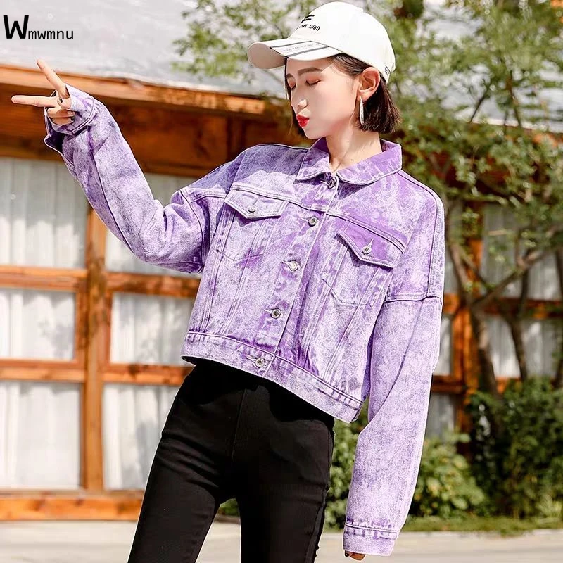 

Fashion Tie dye Long Sleeve Denim Jacket Student Street Boyfriend Style Short Coat Korean Harajuku Casual Loose Women Outerwear