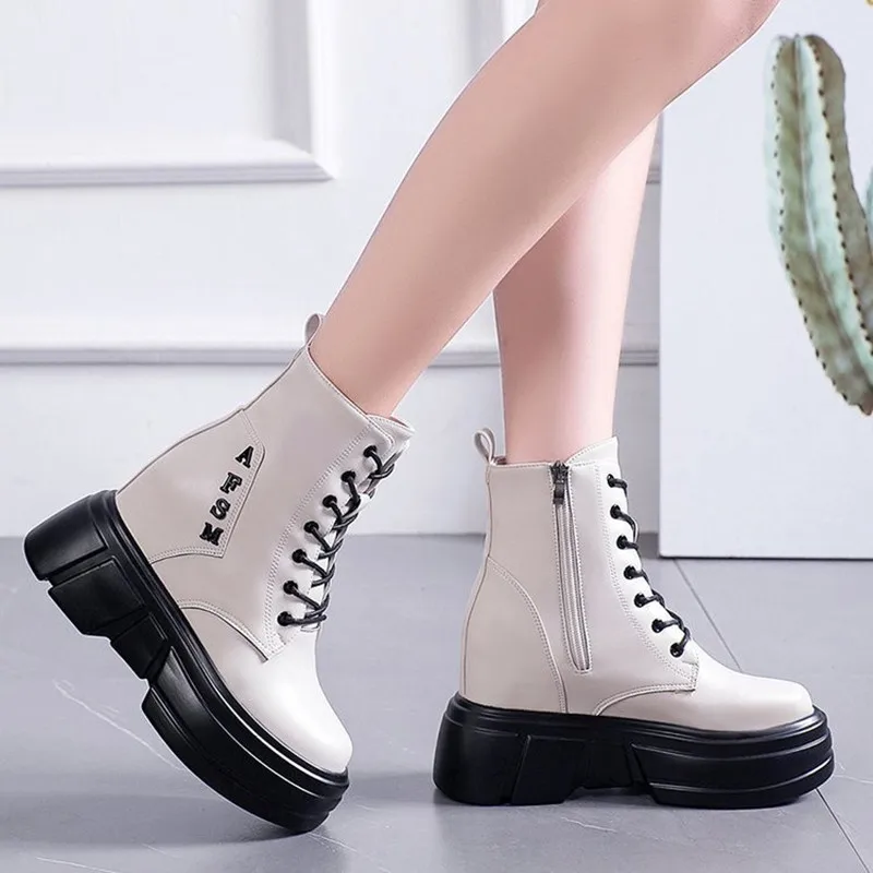 

Женские ботинки из искусственной кожи на платформе, женские ботильоны, модные мотоциклетные ботинки на танкетке, увеличивающие рост, женск...