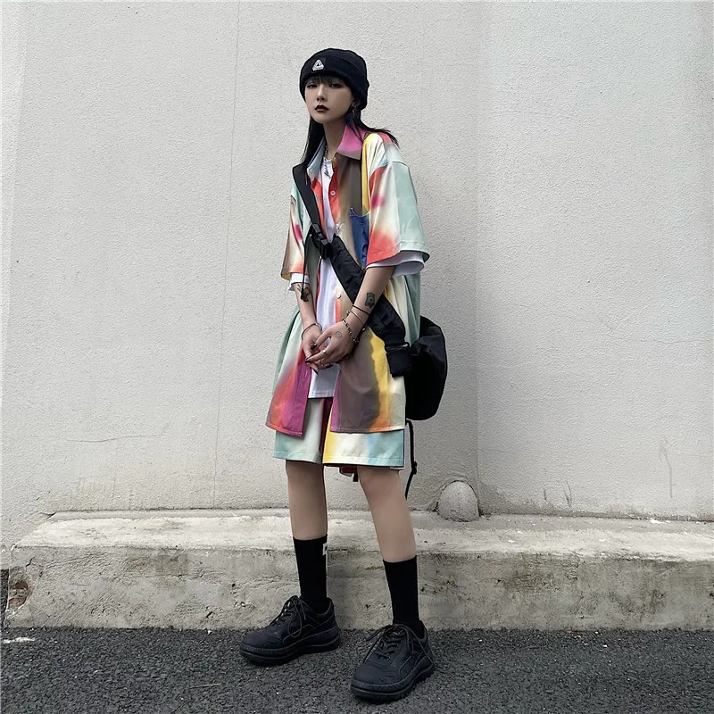 

Harajpoo Women Sets Casual Female Summer Korean Ins Shorts Harajuku Retro Color Tie Dye Lazy Loose Short Sleeves Shirts Suit