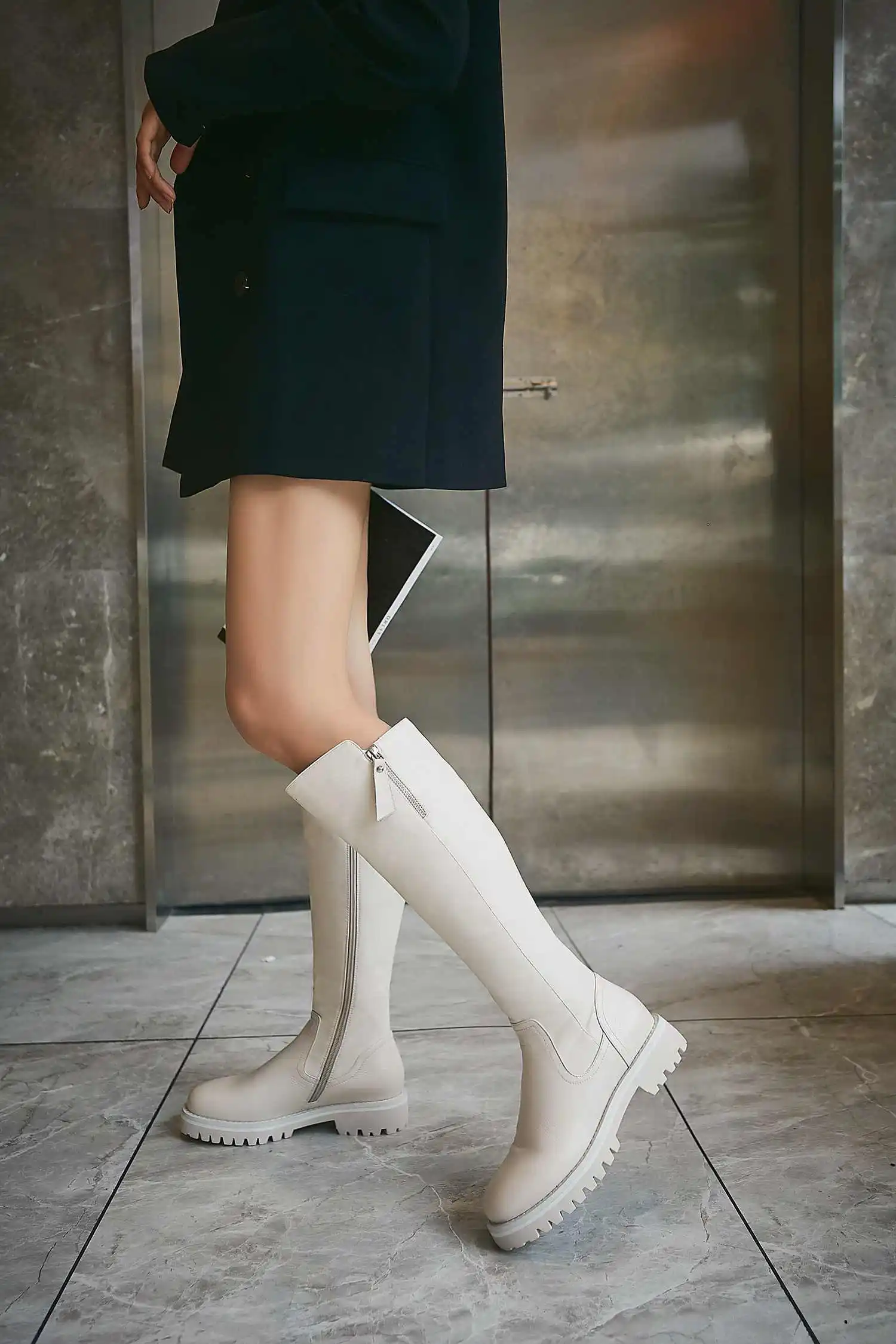 krazing pot winter super keep warm cozy cow leather knight boots round toe med heels solid zipper fashion thigh high boots L5f6