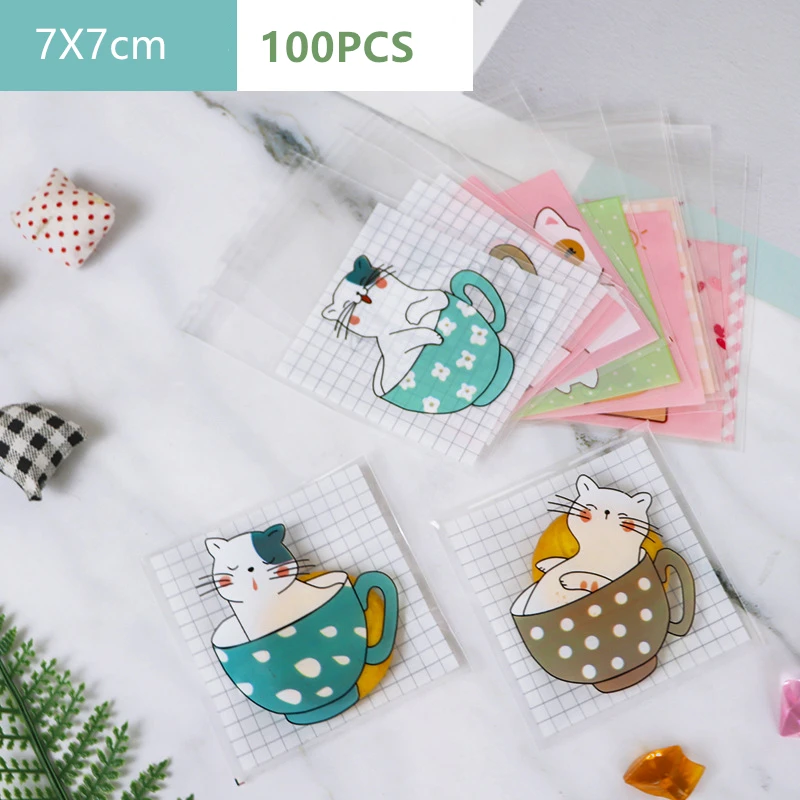 100pcs Cute Cat Plastic Self Adhesive Cookie Packaging Bag Baby Kids Party Candy Gift Decoration Bags Party Supplies