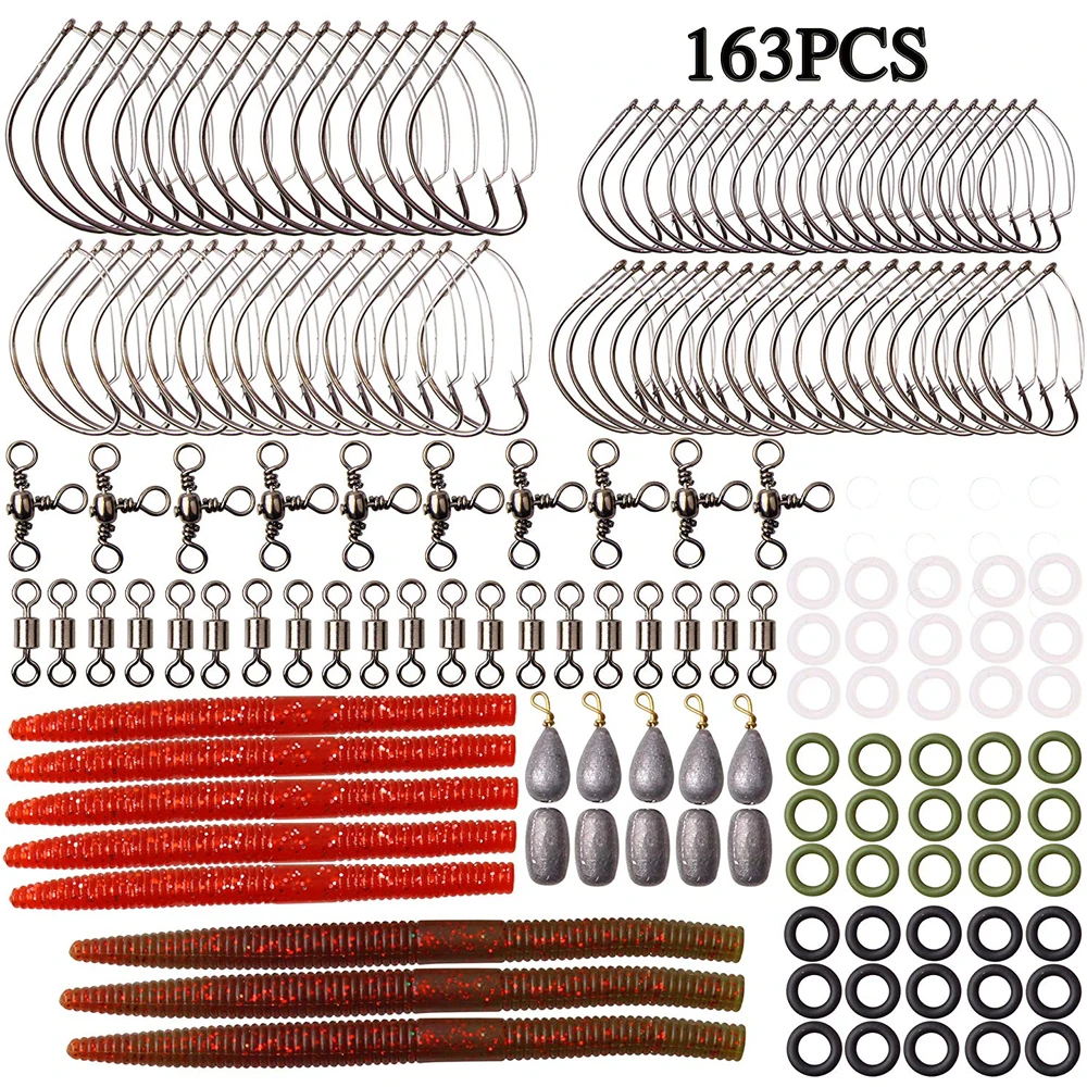 

163PCS/Box Weedless Wacky Fishing Hook Set With Stainless Steel Wacky Hooks Silicone Wacky Rig O-Rings Worm Soft Plastic Baits