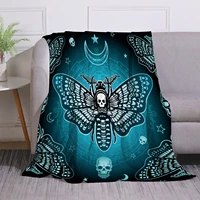 moth dead head mystical pattern with skull moon stars throw blanket cozy warm soft blanket for bed couch sofa travelling camping